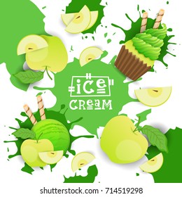 Ice Cream With Apple Taste Dessert Colorful Poster Vector Illustration