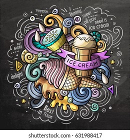 Ice Cream art cartoon vector doodle illustration. Chalkboard colorful detailed design with lot of objects and symbols. All elements separate