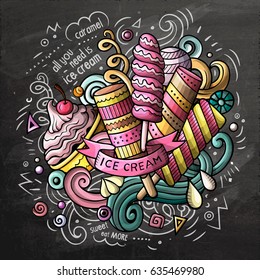 Ice Cream art cartoon vector doodle illustration. Chalkboard colorful detailed design with lot of objects and symbols. All elements separate