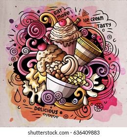 Ice Cream art cartoon vector doodle illustration. Watercolor detailed design with lot of objects and symbols. All elements separate