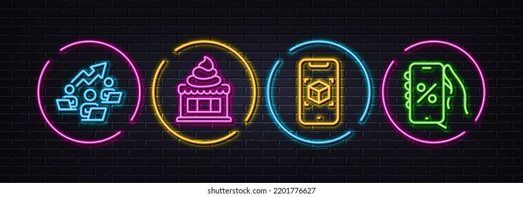 Ice cream, Augmented reality and Teamwork chart minimal line icons. Neon laser 3d lights. Discounts app icons. For web, application, printing. Sundae, Phone simulation, Networking. Phone sale. Vector