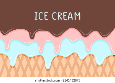 Ice cream backdrop with waffles and dripping ice cream