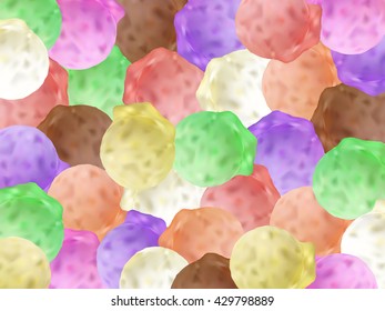 Ice cream background. Ice cream balls. Different flavors and tastes of gelato. Vanilla gelato. Chocolate ice cream. Mint and strawberry gelato. Summer background.