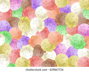 Ice cream background. Ice cream balls. Different flavors and tastes of gelato. Vanilla gelato. Chocolate ice cream. Mint and strawberry gelato. Summer background.