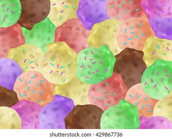 Ice cream background. Ice cream balls. Different flavors and tastes of gelato. Vanilla gelato. Chocolate ice cream. Summer background