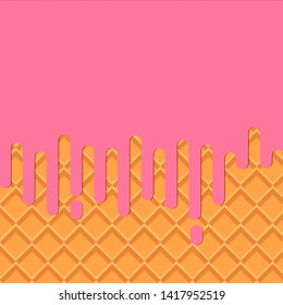 Ice cream background. Flowing  pink glaze on yellow wafer texture sweet food abstract vector background. Sweet pattern. Background for menu design and for banner, flayer styling