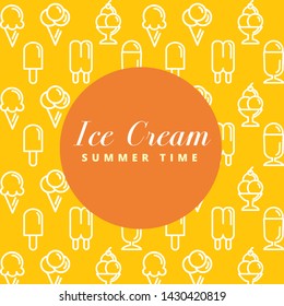 Ice cream background. Original summer funny and sweet background with many different shaped ice creams. Round place for text suitable for advertisements. Modern vector illustration.