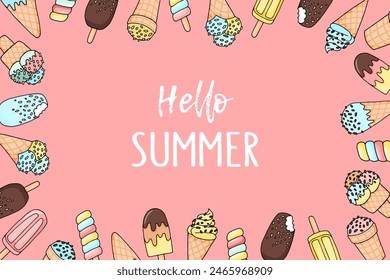 Ice cream background with place for text. Hand drawn ice cream on pink background. Summer concept. 