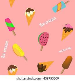 Ice cream background. Seamless pattern ice cream. Different kind ice cream on pink background. Vector illustration