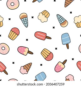 Ice cream background seamless vector pattern hand drew the design in cartoon style Use for prints, decorative wallpaper, textiles, fabrics, vector illustrations.