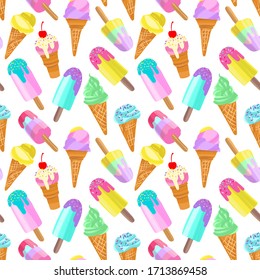 Fondo helado, postre veraniego sin fisuras. Diferentes helados, paletas, hielo de frutas con diferentes capas. Ilustración vectorial en estilo plano moderno para diseño web o impresión.