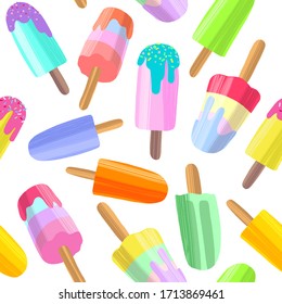 Ice cream background, summer dessert seamless pattern. Hand drawn colorful fruit ice, frozen yogurt, popsicle. Vector illustration in modern flat style for web design or print.