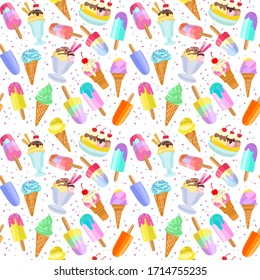 Fondo helado, postre veraniego sin fisuras. Diferentes helados, paletas, hielo de frutas con diferentes capas. Ilustración vectorial en estilo plano moderno para diseño web o impresión.