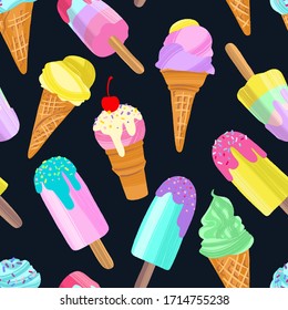 Ice cream background, summer dessert seamless pattern. Different Ice cream cones, popsicles, fruit ice with different topping. Vector illustration in modern flat style for web design or print.