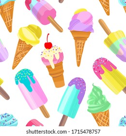 Fondo helado, postre veraniego sin fisuras. Diferentes helados, paletas, hielo de frutas con diferentes capas. Ilustración vectorial en estilo plano moderno para diseño web o impresión.