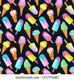 Fondo helado, postre veraniego sin fisuras. Diferentes helados, paletas, hielo de frutas con diferentes capas. Ilustración vectorial en estilo plano moderno para diseño web o impresión.