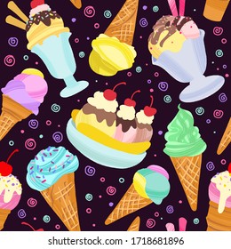 Fondo helado, postre veraniego sin fisuras. Diferentes helados, paletas, hielo de frutas con diferentes capas. Ilustración vectorial en estilo plano moderno para diseño web o impresión.