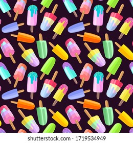 Ice cream background, summer dessert seamless pattern. Hand drawn colorful fruit ice, frozen yogurt, popsicle. Vector illustration in modern flat style for web design or print.