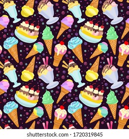 Ice cream background, summer dessert seamless pattern. Different Ice cream cones, popsicles, fruit ice with different topping. Vector illustration in modern flat style for web design or print.