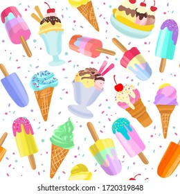 Ice cream background, summer dessert seamless pattern. Different Ice cream cones, popsicles, fruit ice with different topping. Vector illustration in modern flat style for web design or print.