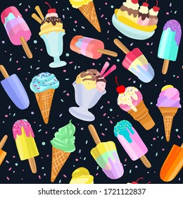 Fondo helado, postre veraniego sin fisuras. Diferentes helados, paletas, hielo de frutas con diferentes capas. Ilustración vectorial en estilo plano moderno para diseño web o impresión.