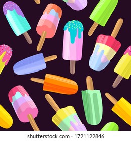 Ice cream background, summer dessert seamless pattern. Hand drawn colorful fruit ice, frozen yogurt, popsicle. Vector illustration in modern flat style for web design or print.