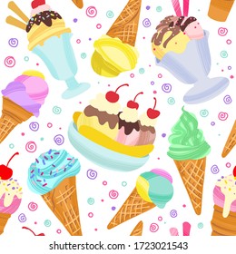 Fondo helado, postre veraniego sin fisuras. Diferentes helados, paletas, hielo de frutas con diferentes capas. Ilustración vectorial en estilo plano moderno para diseño web o impresión.