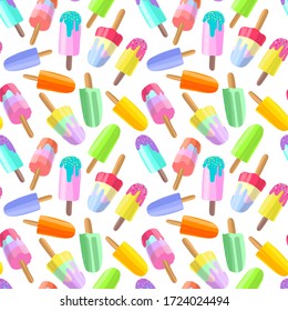 Ice cream background, summer dessert seamless pattern. Hand drawn colorful fruit ice, frozen yogurt, popsicle. Vector illustration in modern flat style for web design or print.