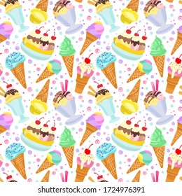 Fondo de helado, postre de verano sin fisuras. Diferentes helados, paletas, hielo de frutas con diferentes capas. Ilustración vectorial en estilo plano moderno para diseño web o impresión.