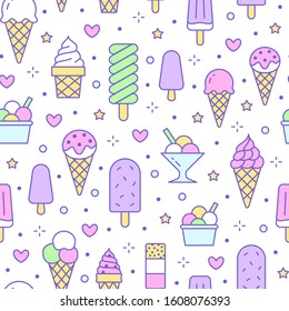 Ice cream background, sweet food seamless pattern. Vanilla icecream, frozen yogurt, popsicle lolly line icons. Summer dessert colorful vector illustration, pink, purple white color.