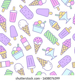 Ice cream background, sweet food seamless pattern. Vanilla icecream, frozen yogurt, popsicle lolly line icons. Summer dessert colorful vector illustration, pink, purple white color.