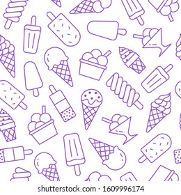 Ice cream background, sweet food seamless pattern. Vanilla icecream, frozen yogurt, popsicle lolly line icons. Summer dessert colorful vector illustration purple white color.