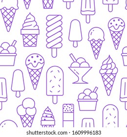 Ice cream background, sweet food seamless pattern. Vanilla icecream, frozen yogurt, popsicle lolly line icons. Summer dessert colorful vector illustration purple white color.