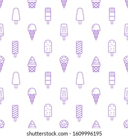 Ice cream background, sweet food seamless pattern. Vanilla icecream, frozen yogurt, popsicle lolly line icons. Summer dessert colorful vector illustration purple white color.