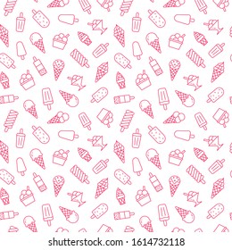 Ice cream background, sweet food seamless pattern. Vanilla icecream, frozen yogurt, popsicle lolly line icons. Summer dessert colorful vector illustration pink white color.