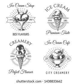 Ice cream badges. Dairy icecream dessert sketch icons on white, hand drawn vanilla icecreams logo vector designs