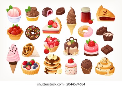 Ice cream bakery and pastry desserts with chocolate vanilla and strawberry flavours jams sundaes. Vector isolated delicious illustrations of candies and sweet foods for menu designs. Cute lovely icon 