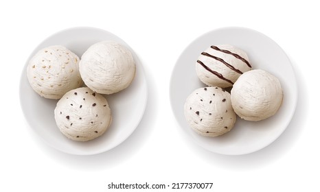 Bolas de helado con jarabe de chocolate y salsa de torta, chips de galletas y ilustración vectorial realista de nueces. Sundopa de esfera de vainilla en placa, sorbet 3D íconos aislados en fondo blanco