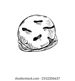 Bola de sorvete com peças de chocolate dentro esboço vetorial desenhado à mão pintado por tintas pretas. Elemento de sobremesa congelado doce monocromático gravura desenho para design de etiqueta, embalagem, decoração de menu.