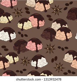 Ice cream ball pattern. Cream cinnamon coffee bean types flavor vector texture.