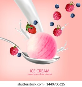 Ice cream ball Vector realistic. Berry fruits flavor Detailed 3d illustration