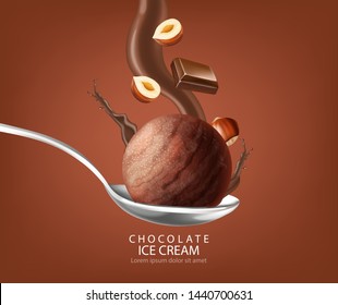 Ice cream ball Vector realistic chocolate splash. Detailed 3d illustration