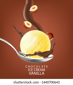 Ice cream ball Vector realistic with chocolate splash. Detailed 3d illustration