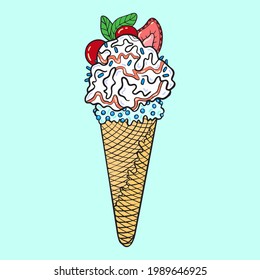 Ice cream ball vector in a waffle cone with sprinkling cherry strawberry cartoon style