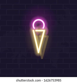 Ice cream ball in waffle cone. Vector isolated neon illustration for any dark background. Fluorescent line art icon for logo, poster, menu, social network post.