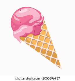 Ice cream ball in the waffle cone. Vector flat illustration isolated on white background.