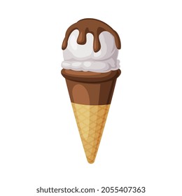 Ice Cream Ball in Waffle Cone with Chocolate Topping as Frozen Dessert and Sweet Snack Vector Illustration