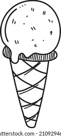 Ice cream ball in waffle cone. Sweet summer dessert in sketch style