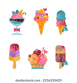 Ice Cream Ball in Waffle Cone and Eskimo on Stick as Frozen Dessert and Sweet Snack Vector Set