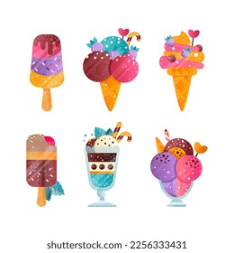 Ice Cream Ball in Waffle Cone and Eskimo on Stick as Frozen Dessert and Sweet Snack Vector Set